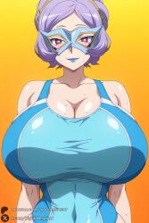 1female 1girl 1girls 2026 ai_generated artist_name bare_shoulders beyblade beyblade_x big_ass big_breasts blue_lips blue_one-piece_swimsuit blush breasts cleavage collarbone covered_navel curvy domino_mask gradient gradient_background hair_bun hi_res high_quality high_resolution highres huge_ass huge_breasts lipstick looking_at_viewer makeup mask mature_female mole_under_mouth one-piece_swimsuit orange_background patreon patreon_username purple_eyes purple_hair shiroboshi_omega short_hair smile solo sweat swimsuit unjobdespiert upper_body watermark