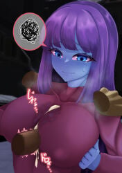 1boy 1girls after_paizuri aquila_(aquila_and_teren) aquila_and_teren blue_body blue_eyes blue_skin breast_squeeze breasts breath censored cleavage clothed_paizuri colored_sclera colored_skin confused confused_expression confusion cum cum_between_breasts cum_on_body cum_on_breasts cum_on_clothes cum_stain cum_through_clothes cum_under_clothes cumming_from_paizuri cumshot dark-skinned_male ejaculation female holding_shoulders huge_breasts kurarika large_breasts long_hair male meldes monster_girl night nipple_bulge nipples nipples_visible_through_clothing orgasm outdoors outside paizuri paizuri_over_clothes penis perpendicular_paizuri pink_sclera purple_hair sidelocks steam sweat titty_creampie