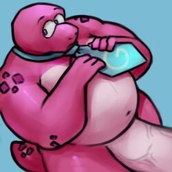 1:1 2026 absurd_res accessory anthro big_penis cryingfatcat dinosaur gameoverse genitals glitch_productions gobbles_(gameoverse) hi_res hyper male male_only necktie overweight overweight_male penis pink_body prehistoric_species reptile scalie simple_background solo solo_male
