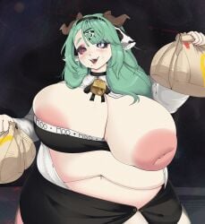 animal_ears areola areolae bbw belly belly_button big_belly big_boobs big_breasts big_stomach black_background black_clothes black_ribbon black_sclera blush blushing boobs breast_out breasts bursting_breasts bursting_clothes chubby chubby_female clothed clothed_female clothes collar cow_ears cow_girl cowbell crelly embarrassed fast-food fat fat_female fat_folds green_eyebrows green_hair hair_accessory hair_ornament hairband hairclip heterochromia holding_object horns indie_virtual_youtuber inverted_nipples light-skinned_female light_skin long_hair mcdonald's mole mouth_open nervous nipples obese obese_female overweight overweight_female paper_bag partially_clothed partially_clothed_female pink_areola pink_areolae pink_nipples plump puffy_nipples red_eyes ribbon simple_background smorepi standing stomach sweating sweaty virtual_youtuber vtuber weight_gain white_clothes white_eyes