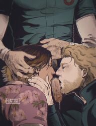 3boys arm_hair beard black_shirt blonde_hair brown_hair closed_eyes curly_(mouthwashing) curly_(pre-crash)_(mouthwashing) daisuke_(mouthwashing) dark-skinned_male dark-skinned_sub dark_skin facial_hair fellatio floral_print gay gay_male group_sex hand_on_another's_head highres jimmy_(mouthwashing) male_focus mmm_threesome mouthwashing multiple_boys oral penis pony_express_uniform precum precum_drip red_shirt s0diyum shirt threesome yaoi