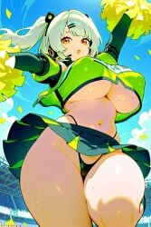 (titancore) ai_generated anby_demara big_breasts cheerleader curvy_figure cute_girl female girl happy_female jumping orange_eyes pom_poms revealing_clothes short_hair twintails video_game_character white_hair zenless_zone_zero