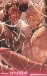 2boys big_pecs bruno_(cxckparty) censored covered_in_cum cum cum_on_body cum_on_chest cum_on_face cum_on_penis dreampipe gay male/male nipple_piercing patreon_reward pompadour preview semen shirtless tagme yaoi