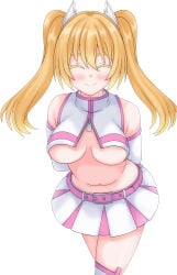 1girls busty big_breasts voluptuous sensual liliel_(cosplay) amano_ririsa sexy good_girl pose posing 2.5_jigen_no_ririsa alternate_hairstyle angel_wings arms_behind_back blonde_hair blush breasts closed_eyes happy highres large_breasts legs long_hair midriff navel pocolla skirt smile solo thighs twintails underboob unzipped wings