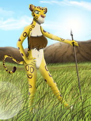 alpha_rain anthro bottomless clitoris clothed clothing disney feline female fuli half-dressed hunting lens_flare mammal melee_weapon polearm pussy spear the_lion_guard the_lion_king tribal weapon