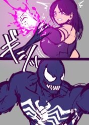 1girls 2boys arm_grab ass_cleavage big_ass big_breasts bodysuit breasts conjugal_slavery grabbing heroine highres leotard long_hair marvel marvel_comics psylocke purple_hair red_sash sanmandrill sash sole_female superheroine thick_thighs venom venom_(marvel) x-men