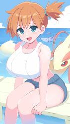 kasumi_(pokemon) 1girl :d animal asymmetrical_hair bare_arms bare_shoulders blue_eyes blue_shorts blue_sky blush bra breasts cloud crop_top day denim denim_shorts fish gen_3_pokemon hair_tie highres huge_breasts kocha_(jgug7553) large_breasts looking_at_viewer milotic misty_(pokemon) nintendo ocean open_mouth orange_hair outdoors partially_submerged pier pokemon pokemon:_let's_go_pikachu!_and_let's_go_eevee! pokemon_red/green/blue/yellow ponytail portrait shirt short_hair short_shorts shorts side_ponytail sitting sky smile soaking_feet sports_bra sportswear swimsuit tank_top thighs underwear water white_bra white_shirt white_sports_bra white_tank_top