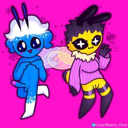 1:1 antennae_(anatomy) anthro arthropod arthropod_abdomen bee beerka beero_the_bee clothing duo embarrassed felid female fluffy genitals hair heart_symbol hi_res hymenopteran insect insect_wings lepidopteran male mammal moth pantherine penis smile snowy_butterfly vulva wings