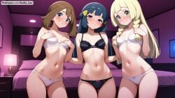 3girls ai_generated belly_button blonde blonde-haired_female blonde_female blonde_hair blue_eyes blue_hair blush blushing bra breasts brown_hair dawn_(pokemon) green_eyes hotel_room legs lillie_(pokemon) lingerie may_(pokemon) panties petite petite_body petite_breasts petite_female petite_girl petite_tits pokemon pokemon_dppt pokemon_rse pokemon_sm pokemon_trainer pussy_juice self_upload shiny_skin skinny skinny_female small_breasts small_waist smirk smirking smirking_at_viewer squeezing_breast squeezing_breasts teasing teenage_girl teenager thighs thin_female thin_waist underwear