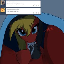 1boy 1girls 2015 blanket blue_eyes cum cum_in_mouth cum_inside equine fellatio female feral friendship_is_magic fur furry gear_(oc) hair horse male mammal multicolored_hair my_little_pony nude oral original_character penis red_fur sex straight text tumblr twotail813 twotail_(oc)