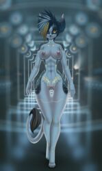 2015 amber_eyes anthro areola black_hair blonde_hair breasts cybernetics cyborg ear_piercing female front_view fur hair looking_at_viewer machine multicolored_fur nipple_piercing nipples nude piercing pussy sif_(artist) solo white_hair wide_hips