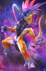 absurd_res ancient_pokemon animal_genitalia aura bodily_fluids feathers feet generation_9_pokemon genital_fluids genital_slit genitals hi_res huge_filesize koraidon legendary_pokemon looking_at_viewer male membrane_(anatomy) nintendo paradox_pokemon penis pokemon pokemon_(species) pokemorph precum ridged_penis shakran solo spikes spikes_(anatomy) tail toes vein veiny_penis webbed_feet webbed_hands