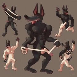 abluedeer anubis athletic bdsm black_body black_skin bondage bound canid canine canis deity egyptian_mythology erection genitals glans group hi_res jackal long_ears long_penis male mammal middle_eastern_mythology mummification mummy muscular muscular_male mythology pecs penis pink_glans ravuer silly silly_face simple_background tongue tongue_out undead