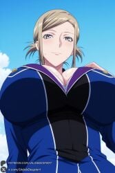 1female 1girl 1girls 2026 ai_generated artist_name awashima_seri bangs big_ass big_breasts blue_sky blush breasts cleavage closed_mouth cloud curvy day folded_ponytail from_below grey_eyes hi_res high_quality high_resolution highres huge_ass huge_breasts k_(anime) large_breasts long_sleeves looking_at_viewer patreon patreon_username sidelocks sky smile solo sweat unjobdespiert upper_body watermark