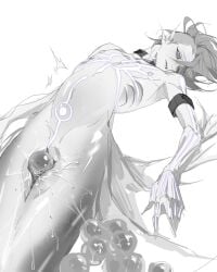 1boy body_markings choker cloaca commentary_request dragon_boy_(to_be_hero_x) egg egg_laying facial_mark fins gills greyscale head_fins highres male_focus merfolk merman mohawk monochrome monster_boy monsterification sd2190392804 simple_background solo spot_color stomach_bulge to_be_hero_x undercut webbed_hands white_background