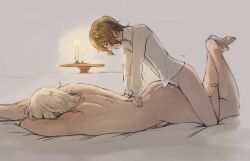 prone_bone prone_bone_position emil_(nier) nier_(character) nier nier_replicant nier_(series) gay gay_sex gay_male gay_anal small_dom_big_sub small_top_big_bottom anal anal_sex anal_penetration muscular muscular_male white_hair light-skinned_male brown_hair purple_eyes partially_clothed functionally_nude button_down_shirt on_stomach on_bed bed bedroom bedroom_sex laying_on_bed laying_on_stomach straddling hand_on_hip large_ass big_ass size_difference yaoi short_hair medium_hair blush blushing looking_pleasured covering_face scar scars candle candles candlelight simple_background color colored flushed flushed_face ass_up back_arch arched_back legs_up feet feet_up male male_only male/male male_penetrating male_penetrating_male implied_sex implied_penetration implied_anal