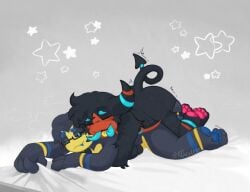 1_horn anal anal_penetration anthro anthro_on_anthro anthro_penetrated anthro_penetrating anthro_penetrating_anthro arm_tuft bed blue_body blue_eyes blue_pawpads blush bodily_fluids breath brown_eyes buttondrop_(regretevator) countershading doggystyle duo eyes_closed eyewear fangs from_behind_position fucked_silly fur furniture glasses gregoriah_(regretevator) head_tuft hi_res horn horned_humanoid humanoid koverless looking_at_another looking_pleasured lying male male/male markings mastectomy_scar mounting multicolored_body multicolored_fur narrowed_eyes nude on_bed on_front open_mouth orange_body orange_countershading orgasm orgasm_face pawpads penetration penile penile_penetration pink_pawpads regretevator roblox scar sex shaking signature smile spade_tail striped_markings stripes sweat sweatdrop tail teeth text the_axolotl_sun tongue tongue_out trans_(lore) trans_man_(lore) tremble_spikes trembling tuft yellow_body yellow_countershading zumae
