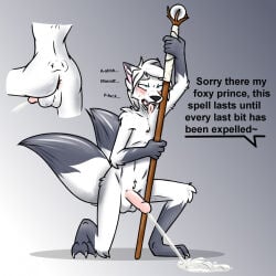 anthro anus backsack balls blush bodily_fluids butt canid canine dialogue digital_media_(artwork) english_text erection feet fingers fox fur genital_fluids genitals hair half-closed_eyes hi_res holding_object holding_staff humanoid_genitalia humanoid_penis kneeling male male_peeing mammal narrowed_eyes nude open_mouth peeing peeing_on_ground penis ryofox630 saliva saliva_string simple_background solo staff tail teeth text toes tongue tongue_out urine urine_on_ground urine_pool urine_stream watersports white_body white_fur
