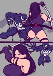 1girls 2boys ass_cleavage big_ass big_breasts bodysuit breasts conjugal_slavery heroine highres katana leotard long_hair marvel marvel_comics psylocke purple_hair red_sash sanmandrill sash sheath sole_female sword thick_thighs venom venom_(marvel) x-men