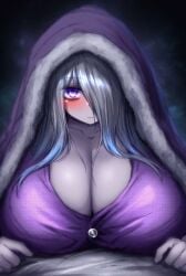 1boy 1girls 2b213 ai_generated animated animated_image big_breasts blue_hair blush breasts breasts_bigger_than_head cleavage deep_cleavage edited_art hi_res hidden_sex highres hires huge_breasts large_breasts looking_at_viewer mei_(2b213) on_bed paizuri smile sn7314 tagme thrusting under_covers video