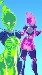 2d 2girls animated artist_request ass big_ass bouncing_ass bouncing_breasts color dancing female female_focus female_only fire_body fire_hair flame_hair gradient_background looking_at_viewer looping_animation monster monster_girl music no_sex original original_character original_characters pointing recording see-through see-through_body skeleton smile smile_at_viewer sound star_x_buster tagme thighhighs thighs twerking video