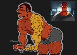 amputated_arm body_hair chest_hair daddy dilf facial_hair gold_arm hephaestus hephaestus_(lore_olympus) leg_hair lore_olympus male_only man_boobs man_tits moobs muscles muscular muscular_male orange_skin pecs pubic_hair