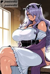 1girl ai_generated alternate_costume artist_name bare_shoulders blush breasts breath brick_wall camilla_(fire_emblem) cleavage closed_mouth clothes_writing clothing corset crossed_legs curvy dress english_text female fire_emblem frills hair_over_one_eye heavy_breathing horns huge_breasts indoors jennieart02 large_breasts lips long_hair looking_at_viewer off-shoulder_dress off_shoulder patreon patreon_logo patreon_username purple_eyes purple_hair red_eyes sitting solo steaming_body sweat thick_thighs thighs tiara twitter twitter_username underbust watermark wavy_hair web_address white_dress window