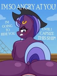 angry angry_sex animal_genitalia animal_penis animated anthro big_butt biped breasts butt clothing cutie_mark ear_piercing ear_ring english_text equid equine equine_genitalia equine_penis eyelashes female female_penetrated genitals glistening glistening_body hasbro hat headgear headwear hi_res horn huge_butt looking_back male male/female male_penetrating mammal my_little_pony mythological_creature mythological_equine mythology on_bottom on_top penetration penile penile_penetration penis piercing pirate pirate_hat power_bottom pupils purple_body reverse_cowgirl_position ring_piercing sex tail tail_aside text thecoldsbarn unicorn vaginal vaginal_penetration vulva wide_hips