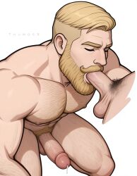 2d ai_assisted ai_generated bara beard body_hair closed_eyes cropped_torso disembodied_penis facial_hair fellatio hairy human kneeling male male_focus male_only muscular muscular_male nordic_chad penis thumosx white_background