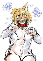 1girls belly_button blonde blonde-haired_female blonde_female blonde_hair blonde_hair_female blush blushing blushing_at_viewer blushing_female blushing_profusely breasts burger dog_tail don_quixote_(limbus_company) female female_focus female_only functionally_naked functionally_nude functionally_nude_female liliesbloom4me limbus_company looking_at_viewer looking_down looking_down_at_viewer medium_breasts mouth_gag no_bra no_panties no_pants project_moon shirt shirt_only solo solo_female solo_focus tagme tail_wagging tailwag unbuttoned unbuttoned_shirt yellow_eyes