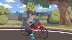 anthro bicycle blonde_hair breasts canid canine canis clitoris clothing female footwear genitals hair helsy hi_res lafille mammal nipples nude nudist park pigtails public public_nudity shoes sitting sneakers solo spring vehicle vulva wallpaper wolf