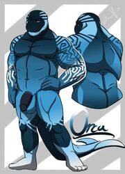 1boy 2015 abstract_background amwulf bald balls big_muscles blue_skin cetacean fin half-erect humanoid_penis looking_at_viewer male male_only mammal marine markings model_sheet muscular navel nipples orca penis smile solo tattoo teeth whale