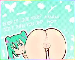 1girl 1girls anus aqua_eyes aqua_hair ass ass_focus ass_up asshole bendova bent_over blush blushing cleft_of_venus completely_nude cyan_background cyan_eyes cyan_hair dark_star_odyssey english english_text female female_only from_behind genital_fluids genitals hatsune_miku light-skinned_female light_skin long_hair looking_at_viewer looking_back nude number_tattoo presenting presenting_anus presenting_ass presenting_pussy presenting_to_viewer pussy pussy_juice pussy_juice_drip simple_background simple_shading small_ass smile smiling smiling_at_viewer solo solo_female talking talking_to_viewer tattoo tattooed_arm twintails uncensored vocaloid watermark