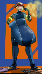 bel_(beltorchika12) belch belching beltorchika12 blonde_female blonde_hair blue_bodysuit blue_eyes bodysuit burp burping external_view female female_only female_pred female_prey headgear naomi_(naomiluvsu) post-nut_clarity regret regretful_prey saintshevron same_size_vore sequence vore vore_belly willing_pred