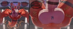 absurd_res anthro anus ball_focus balls bandai_namco blurred_background bodily_fluids butt dialogue digimon digimon_(species) digital_media_(artwork) duo english_text foreskin genital_fluids genitals guilmon heart_symbol hi_res low-angle_view male micro penis pinned_by_balls precum rad-lizer red_body red_tail spread_legs spreading tail text