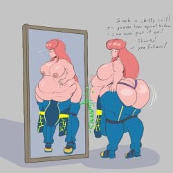 annoyed annoyed_expression ass_expansion ass_focus ass_growth bel_(beltorchika12) beltorchika12 big_belly blue_bodysuit clothing_theft female female_focus female_only female_pred insulting_another july_(julyfiressb) julyfiressb mirror mocking multicolored_hair pink_hair post_digestion post_vore post_vore_weight_gain rear_view red_hair sequence vore vore_comic weight_gain
