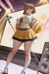 1girl ahoge ai_generated anis_(nikke) bangs bare_shoulders blush breasts brown_eyes brown_hair crop_top from_below full_body goddess_of_victory:_nikke hairband hi_res high_quality high_resolution indoors kiraamane kneehighs large_breasts looking_at_viewer midriff miniskirt navel patreon ribbon seductive see-through sexy shirt shoes short_hair skirt sleeveless smile solo standing stomach thighs uncensored watermark white_legwear yellow_eyes