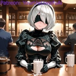 youruwuwaifuai ai_generated yorha_2b nier:_automata square_enix android hair medium_hair bob_cut bangs bangs_over_one_eye bangs_between_eyes silver_hair white_hair hair_between_eyes hair_over_one_eye hairband eyepatch blindfold blindfolded blush blushing blushing_at_viewer blushing_female blushed_face blush_face lips clothing clothed clothed_female black_dress dress boob_window breasts breast_window big_breasts huge_breasts cleavage cleavage_cutout nipples nipple_bulge nipples_visible_through_clothing gloves long_sleeves sitting bar pub background background_character alcohol alcohol_bottle cum cum_jar cum_in_container cum_in_glass cum_in_cup 1girls female female_focus 1girl excessive_cum