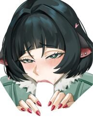 1boy 1girl animal_ears black_hair blush breasts censored erection fellatio green_eyes hetero highres jacket jane_doe_(zenless_zone_zero) long_sleeves looking_at_viewer mouse_ears mouse_girl negative_space_cunnilingus_(meme) negative_space_oral_(meme) oral penis short_hair solo xkit zenless_zone_zero