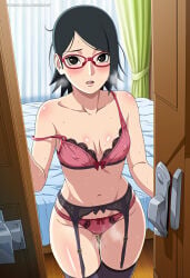 1girls accurate_art_style ai_generated alternate_costume arms_at_sides artist_name bare_legs bare_shoulders bare_thighs bed bedroom big_breasts boruto:_naruto_next_generations bra breasts cameltoe choker cleavage clothed clothed_female curtains curvaceous doorway eyewear female female_only g-string glasses highleg highleg_panties indoors jacket jewelry light-skinned_female light_skin lingerie makeup male_pov messy_hair midriff naruto naruto_(series) panties partially_visible_vulva pov presenting presenting_self pussy pussy_peek sarada_uchiha secreart short_hair solo solo_focus standing teenage_female teenager thighs uchiha_sarada url walk-in watermark web_address