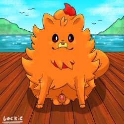 1:1 animal_genitalia animal_penis ball_tuft balls canid canine canine_genitalia canine_penis feral fluffy generation_10_pokemon genitals hi_res jackiewolf-6734 male mammal nintendo orange_body outdoor_background outside penis penis_tip pokemon pokemon_(species) pokemon_ww pombon pomken red_eyes sheath sitting smile smiling_at_viewer solo tuft