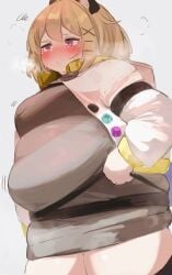alternate_expressions arknights b45ui blushing bulging_belly chubby_cheeks embarrassed fat form_fitting looking_away nimo nimo22 panting thick_arms thick_thighs thigh_squish tight_clothing undersized_clothes utage_(arknights)
