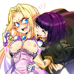 1boy 1girls anger_vein angry blonde_hair blue_eyes blush breasts cape cute_fang dragon_girl female filia_ul_copt gloves humanoid large_breasts long_hair nipples one_eye_closed pale-skinned_female pale_skin pointy_ears priestess purple_eyes purple_hair sakata3 slayers wardrobe_malfunction xelloss