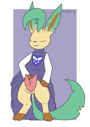 1boy 2015 animal_genitalia anthro c1-11131 chibi_leafeon clothed clothing cosplay costume crossover diphallia diphallism eeveelution erection fur hemipenes leafeon male male_only multi_penis nintendo penis pokemon smile solo undertale video_games