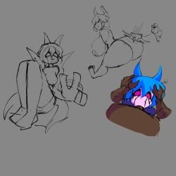 1girl1boy 1girls armless ass_slap ass_slapping big_ass big_breasts big_butt black_goo black_sclera blowjob blue_hair breasts_out cape dark-skinned_male droopy_(theshammah) fellatio flat_background floating_hands halloween large_breasts newgrounds pink_skin short_hair sketch sketches slapping_ass slapping_butt sucking_penis thick_ass vagabundohambre