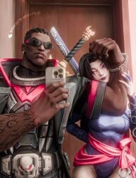 1boy 1boy1girl 1girl belt black_hair blade_(eric_brooks) cornrows couple couple_(romantic) dark_skin earrings height_difference interracial kerratokatossa leotard lipstick long_hair marvel marvel_rivals muscular_male phone psylocke psylocke_(sai)_(vengeance) sash selfie sunglasses sword tattoo trenchcoat