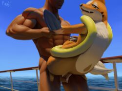 abs arm_grab balls brown_eyes cum cum_in_pussy cum_inside cum_on_balls duo female feral floatzel furry human interspecies mammal muscular nintendo nude outside penetration pienji pokemon pokephilia sea vaginal_penetration video_games water