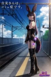 1girl accesories ai_generated anime anime_girl black_heels bunny_ears cat_tail clouds cloudy_sky daylight daytime female heel_boots heels komi-san_wa_komyushou_desu komi_can't_communicate komi_shouko netflix not_porn purple_hair purple_hair_female purple_heart train_station x_username yallahs80
