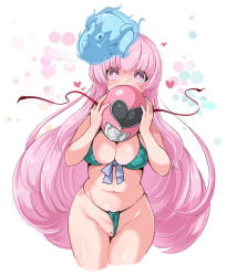 1girl alternate_costume bikini bikini_bottom_aside blue_bow blush bow bow_bikini breasts cleavage cleft_of_venus clothing_aside commentary covering_own_mouth feet_out_of_frame green_bikini hata_no_kokoro heart highres holding holding_mask huyusilver long_hair looking_at_viewer mask mask_on_head pink_eyes pink_hair pussy solo swimsuit touhou very_long_hair white_background