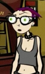 00s 1girls animated animated_gif breast_expansion canon_breast_expansion choker germaine_endez glasses green_eyes illwillpress large_breasts midriff navel neurotically_yours nose_piercing official_art public punk punk_girl purple_hair screencap tank_top